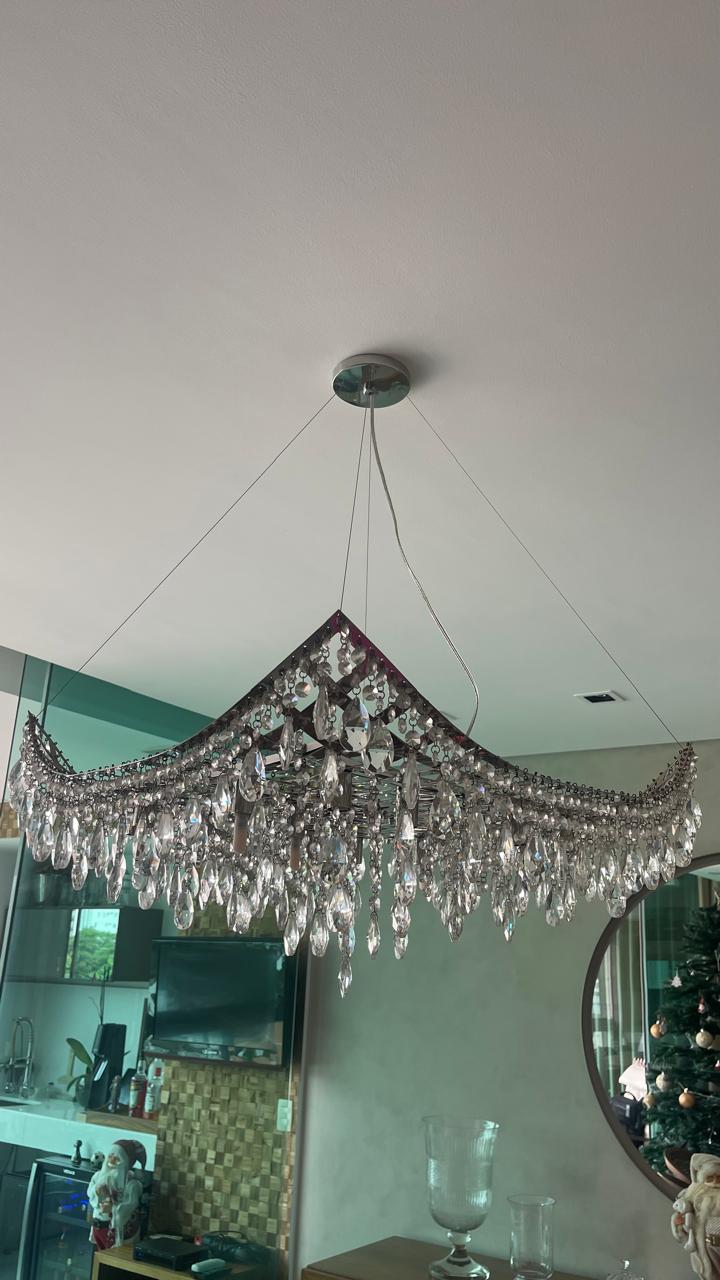 PENDENTE BELLO - INOX - CRISTAIS CASTANHAS E AMÊNDOAS INCOLORES - LÂMPADAS HALLOPIM LED SCATTO