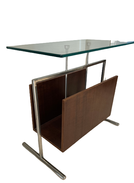 Revisteiro em madeira,vidro e inox