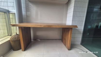 Mesa de Madeira Maciça Rústica com pés duplos retangulares