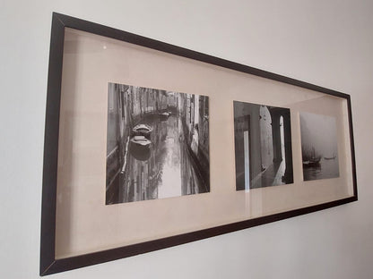 Quadro retangular horizontal com 3 imagens preto e branco
