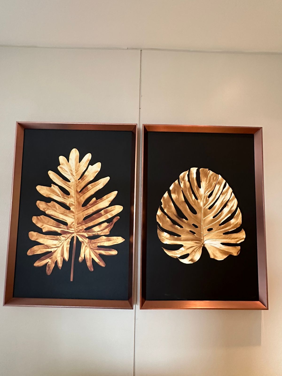 Par de quadros /  gravuras de folhas douradas