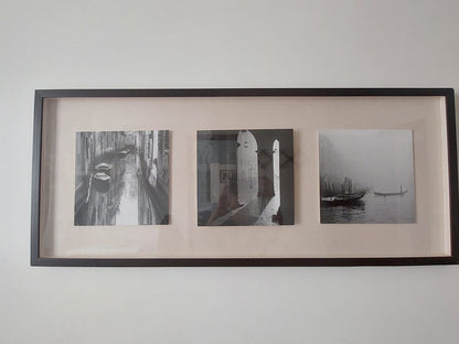 Quadro retangular horizontal com 3 imagens preto e branco